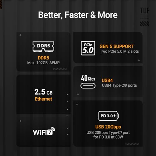 ASUS TUF Gaming X870 PLUS WiFi AMD AM5 X870 ATX Motherboard  16 2 1  80A SPS Power Stages  DDR5  PCIe 5 0 Ready  Four M 2 Slots  Wi Fi 7  2 5Gb LAN  HDMI  USB4  40Gbps  SATA 6 Gbps  USB 20Gbps Type C