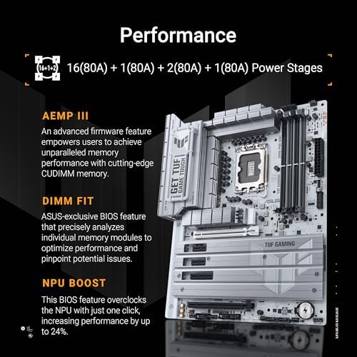 ASUS TUF Gaming Z890 PRO WiFi Z890 LGA 1851 ATX Motherboard  Intel  Core  Ultra Series 2 Ready  Advanced AI PC Ready  16 1 2 1 Stages  DDR5  PCIe  5 0  Thunderbolt 4 Type C  4X M 2  Wi Fi 7  2 5Gb