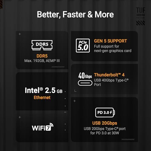 ASUS TUF Gaming Z890 PRO WiFi Z890 LGA 1851 ATX Motherboard  Intel  Core  Ultra Series 2 Ready  Advanced AI PC Ready  16 1 2 1 Stages  DDR5  PCIe  5 0  Thunderbolt 4 Type C  4X M 2  Wi Fi 7  2 5Gb