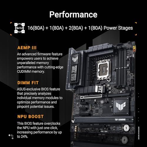 ASUS TUF Gaming Z890 PLUS WiFi Z890 LGA 1851 ATX Motherboard  Intel  Core  Ultra Series 2 Ready  Advanced AI PC Ready  16 1 2 1 Stages  DDR5  PCIe  5 0  Thunderbolt  4 Type C   4X M 2  Wi Fi 7  2 5Gb