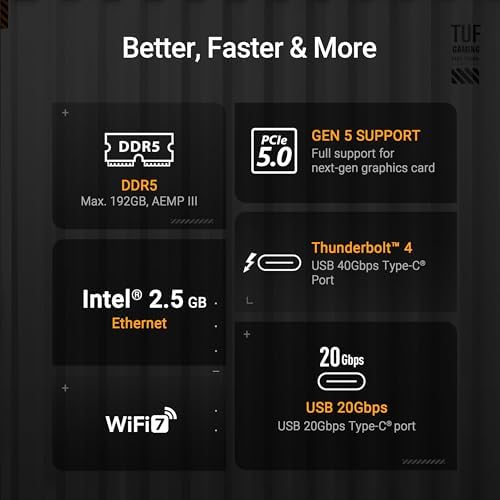 ASUS TUF Gaming Z890 PLUS WiFi Z890 LGA 1851 ATX Motherboard  Intel  Core  Ultra Series 2 Ready  Advanced AI PC Ready  16 1 2 1 Stages  DDR5  PCIe  5 0  Thunderbolt  4 Type C   4X M 2  Wi Fi 7  2 5Gb
