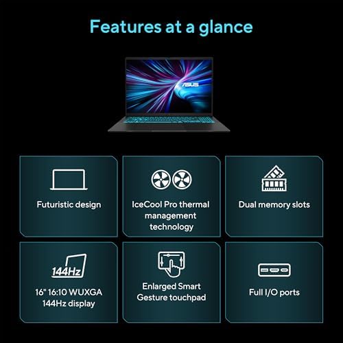 ASUS V16 Gaming Laptop  16  WUXGA 144Hz Display  Intel Core 7 Processor 240H  NVIDIA GeForce RTX 5060  32GB Memory  1TB Storage  Windows 11  Matte Black  V3607VM DS79