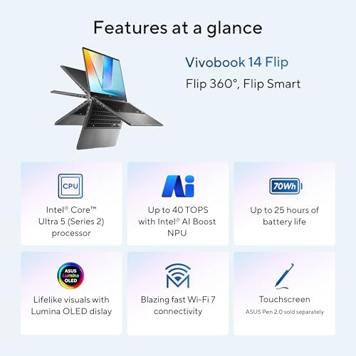 ASUS Vivobook 14 Flip Laptop Copilot  PC  14  OLED WUXGA 60Hz Touch Display  Intel  Core  Ultra 5 226V  Intel  Arc  Graphics  16GB Memory  512GB Storage  Windows 11  Matte Gray  TP3407SA ES54T