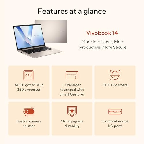 ASUS Vivobook 14 Laptop  Copilot  PC  14  WUXGA 60Hz Display  AMD Ryzen AI 7 350 with XDNA NPU  AMD Radeon Graphics  16GB RAM  512GB SSD  Platinum Gold  M1407KA PS74