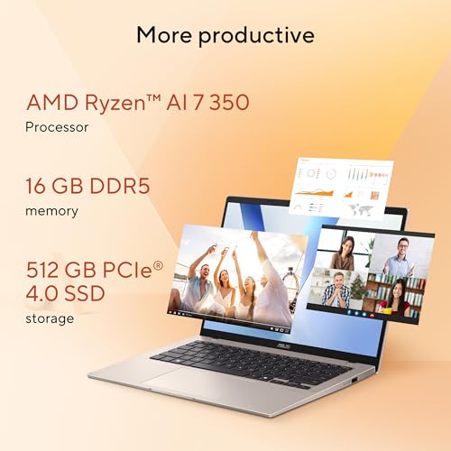 ASUS Vivobook 14 Laptop  Copilot  PC  14  WUXGA 60Hz Display  AMD Ryzen AI 7 350 with XDNA NPU  AMD Radeon Graphics  16GB RAM  512GB SSD  Platinum Gold  M1407KA PS74