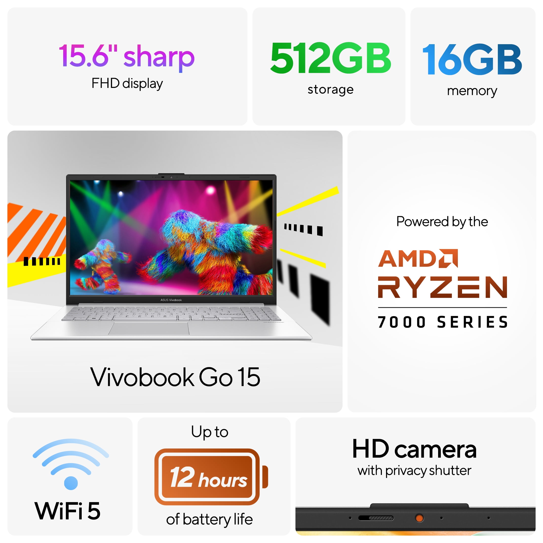 ASUS Vivobook 15 6" FHD PC Laptop  AMD Ryzen 5 7520U  AMD Radeon Graphics  16GB RAM  512GB SSD  Cool Silver