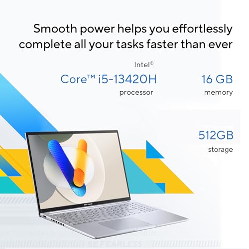 ASUS Portátil Vivobook 16, pantalla WUXGA 60Hz de 16 pulgadas, Intel Core i5-13420H, gráficos Intel Iris X, memoria de 16 GB, almacenamiento de 512 GB, Windows 11, Cool Silver, F1605VA-ES56