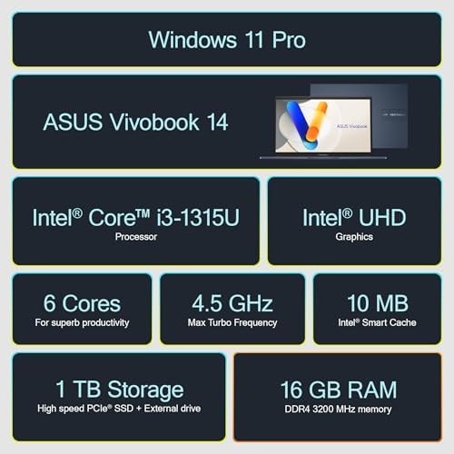 ASUS Vivobook Laptop 2025 Ultra Portable Business Computer  14 FHD Display  16GB RAM  1TB Storage  512GB SSD   500GB Ext   6 Core Intel i3 1315U  MarxsolAccessory  Win 11 Pro  Lifetime Office 2024