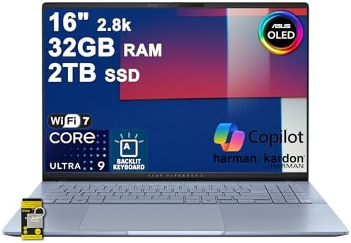 ASUS Vivobook S16 AI PC Laptop 16 2 8k OLED 120Hz  600nits HDR  100  DCI P3  Intel 16 core Ultra 9 285H 32GB DDR5 2TB SSD Backlit for Creator Business Professional Work Win11 ICP Hub w/Copilot  AI