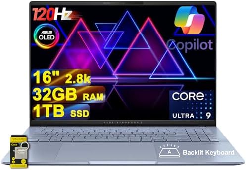 ASUS Vivobook S16 AI PC Laptop 16 2 8k OLED 120Hz  600nits HDR  100  DCI P3  Intel 16 core Ultra 9 285H 32GB DDR5 2TB SSD Backlit for Creator Business Professional Work Win11 ICP Hub w/Copilot  AI