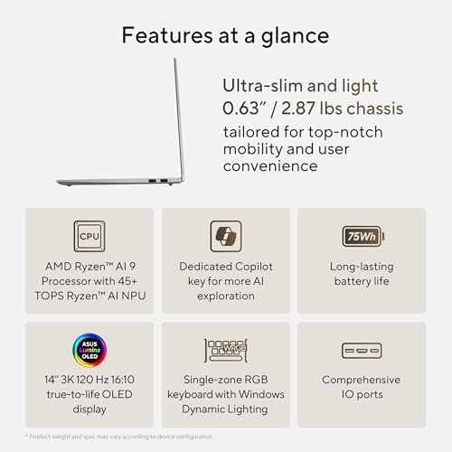 ASUS Vivobook S 14 OLED Slim Laptop, AMD Ryzen AI 9 365 (10 núcleos), 24 GB, SSD de 1 TB, teclado RGB personalizable, plata fría, M5406WA-AH94