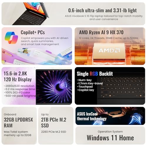 ASUS Vivobook S 16 AI Copilot  PC Business Laptop  15 6 2 8K 120Hz  AMD Ryzen AI 9 HX 370  32GB RAM  1TB SSD  Radeon Graphics  Wi Fi 6  RGB Backlit KB  Win11 H  Bundle with ADATA 512GB External SSD