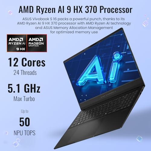 ASUS Vivobook S 16 AI Copilot  PC Business Laptop  15 6 2 8K 120Hz  AMD Ryzen AI 9 HX 370  32GB RAM  1TB SSD  Radeon Graphics  Wi Fi 6  RGB Backlit KB  Win11 H  Bundle with ADATA 512GB External SSD