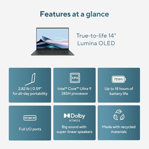 ASUS Zenbook 14 AI PC OLED Touchscreen Laptop  Intel Ultra 9 285H  32GB DDR5  1TB SSD  14 FHD   16 Core  > i9 13900H   Backlit  2x Thunderbolt 4  Wi Fi 7  18 Hr Battery  IR Webcam  Win 11 Pro  UX3405