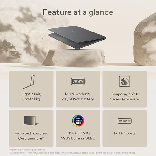 ASUS Zenbook A14; Copilot  PC  Ultrathin Laptop  14  WUXGA OLED  Snapdragon  X Processor  16 GB Memory  512GB SSD  Wi Fi 6E  Zabriskie Beige  UX3407QA DS52 CB