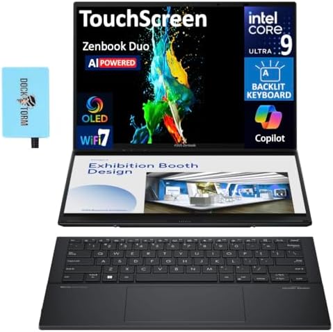ASUS Zenbook DUO AI Powered 2 in 1 Laptop 14 0 Touchscreen OLED WUXGA Display  Intel Ultra 9 285H  32GB LPDDR5X  2TB PCIe SSD  Backlit KB  2 Thunderbolt 4  WiFi 7  Win 11 Pro  w/DKZ USB Port Expander