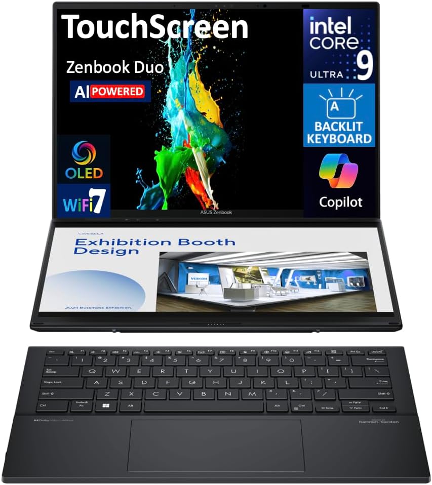 ASUS Zenbook DUO AI Powered 2 in 1 Laptop 14 0 Touchscreen OLED WUXGA Display  Intel Ultra 9 285H  32GB LPDDR5X  2TB PCIe SSD  Backlit KB  2 Thunderbolt 4  WiFi 7  Win 11 Pro  w/DKZ USB Port Expander