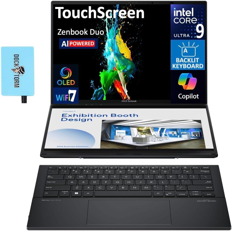 ASUS Zenbook DUO AI Powered 2 in 1 Laptop 14 0 Touchscreen OLED WUXGA Display  Intel Ultra 9 285H  32GB LPDDR5X  2TB PCIe SSD  Backlit KB  2 Thunderbolt 4  WiFi 7  Win 11 Pro  w/DKZ USB Port Expander