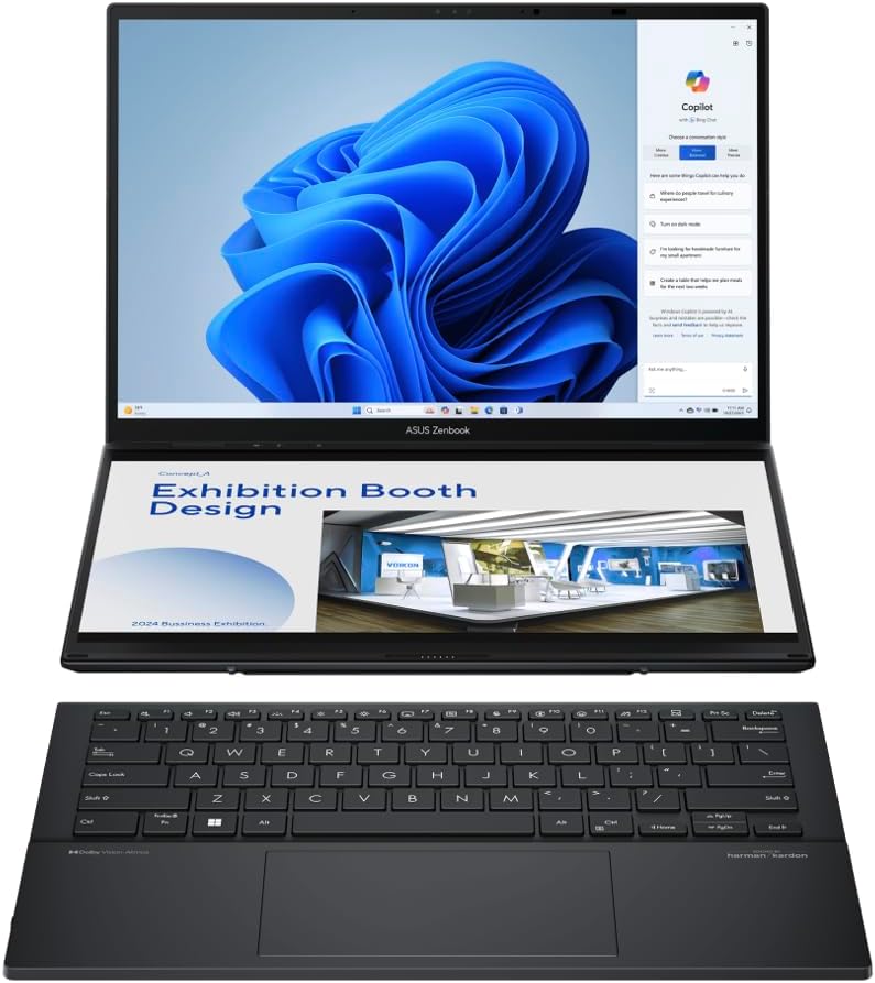 ASUS Zenbook DUO AI Powered 2 in 1 Laptop 14 0 Touchscreen OLED WUXGA Display  Intel Ultra 9 285H  32GB LPDDR5X  2TB PCIe SSD  Backlit KB  2 Thunderbolt 4  WiFi 7  Win 11 Pro  w/DKZ USB Port Expander