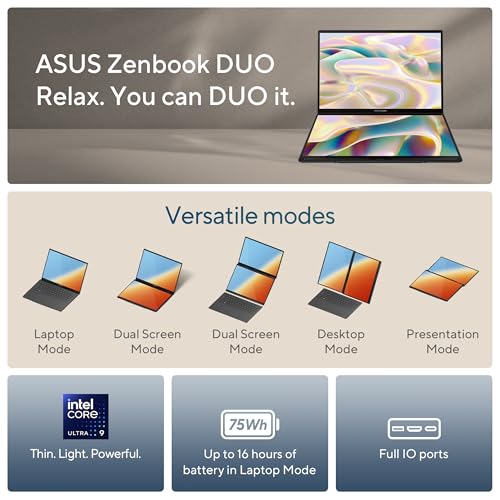 ASUS Zenbook DUO Laptop  Dual 14  OLED 3K 120Hz Touch Display  Evo  Intel Core Ultra 9 285H  Intel Arc Graphics  32GB RAM  1TB SSD  Windows 11  UX8406CA PS99T