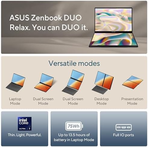 ASUS Zenbook DUO Laptop  Dual 14  OLED 3K 120Hz Touch Display  Evo  Intel Core Ultra 9 285H  Intel Arc Graphics  32GB RAM  1TB SSD  Windows 11  UX8406CA PS99T