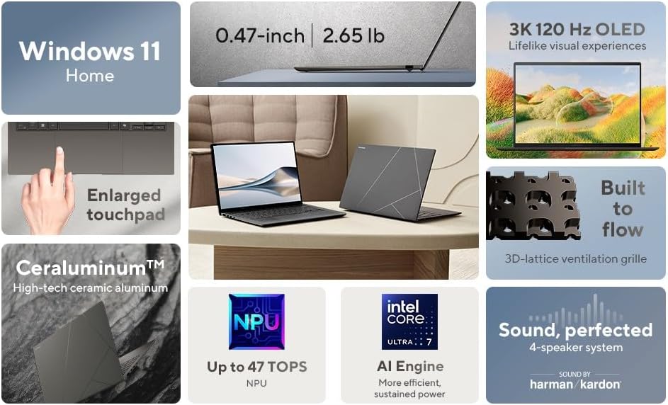 ASUS   Zenbook S 14 3K 2880 x 1800  Touch Copilot  Slim Laptop  Intel Ulltra7 256V  AMOLED 500nits  Wi Fi 7  2X Thunderbolt 4  w11  w/Stylus Pen & 128GB PSD  16GB LPDDR5X RAM   1152GB SSD 