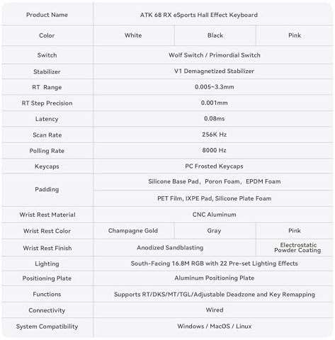 ATK 68 RX Hall Effect Gaming Keyboard  65  68 Key Esports Mechanical  Adjustable Magnetic Actuation 0 005 3 3 mm in 0 001 mm Steps  Tray Mount with Aluminum Plate  Black  Primordial Switch