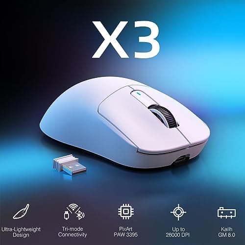 ATTACK SHARK X3 Wireless Gaming Mouse  49g Ergonomic Computer Mouse  Triple Modes PAW3395 26K DPI Optical Sensor  200h Battery Life  Programmable Buttons  Gaming Accessories for PC/Laptop/Mac  White 