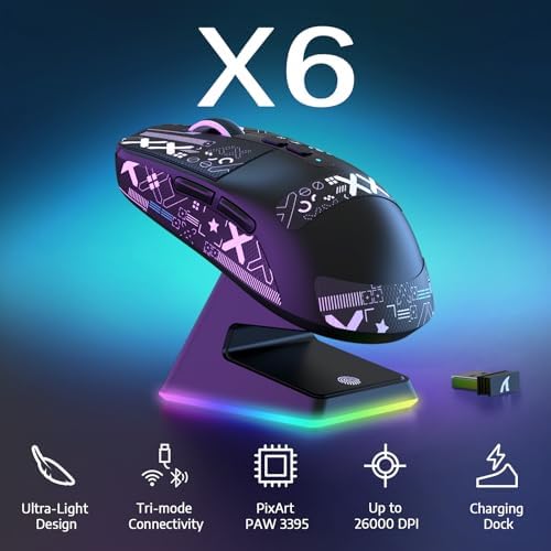 ATTACK SHARK X6 49g Superlight Wireless Gaming Mouse with Magnetic RGB Charging Dock  Ultralight Mice PixArt PAW3395 Sensor  26000DPI  BT/2 4G/Wired Mouse  Griptape  200Hrs Battery for Win/Mac