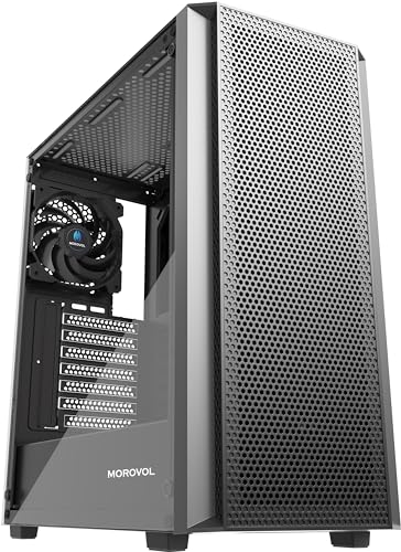 ATX PC Case  Mid Tower Gaming PC Case with Mesh Front Panel  4 Fans Preinstalled USB 3 0 Tempered Glass Computer Case  Black Computer Case  P5 