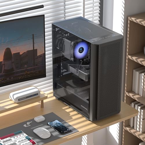 ATX PC Case  Mid Tower Gaming PC Case with Mesh Front Panel  4 Fans Preinstalled USB 3 0 Tempered Glass Computer Case  Black Computer Case  P5 