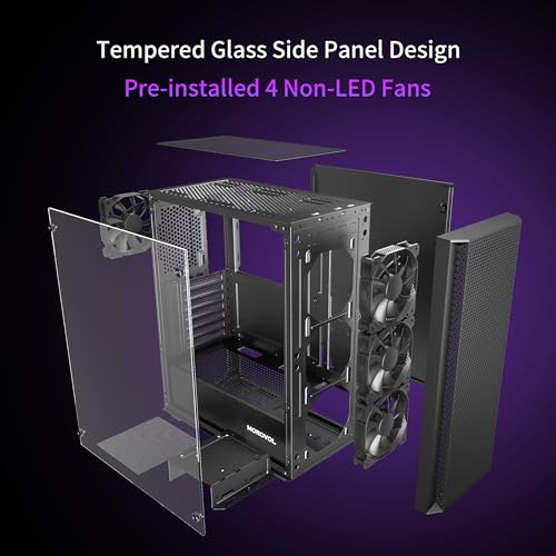 ATX PC Case  Mid Tower Gaming PC Case with Mesh Front Panel  4 Fans Preinstalled USB 3 0 Tempered Glass Computer Case  Black Computer Case  P5 