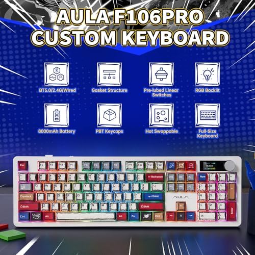 AULA F106 PRO Wireless Mechanical Keyboard Full Size Gaming Keyboard with Hot Swappable Knob & Screen Tri Mode RGB Backlit with 8000mAh for PC/Laptop/Windows   Blaze Switch Comic Mix