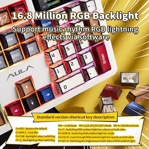 AULA F106 PRO Wireless Mechanical Keyboard Full Size Gaming Keyboard with Hot Swappable Knob & Screen Tri Mode RGB Backlit with 8000mAh for PC/Laptop/Windows   Blaze Switch Comic Mix