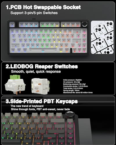 AULA F75 Pro Wireless Mechanical Keyboard 75  Hot Swappable Custom Keyboard with Knob RGB Backlit Pre lubed Reaper Switches Side Printed PBT Keycaps 2 4GHz/USB C/BT5 0 Mechanical Gaming Keyboards