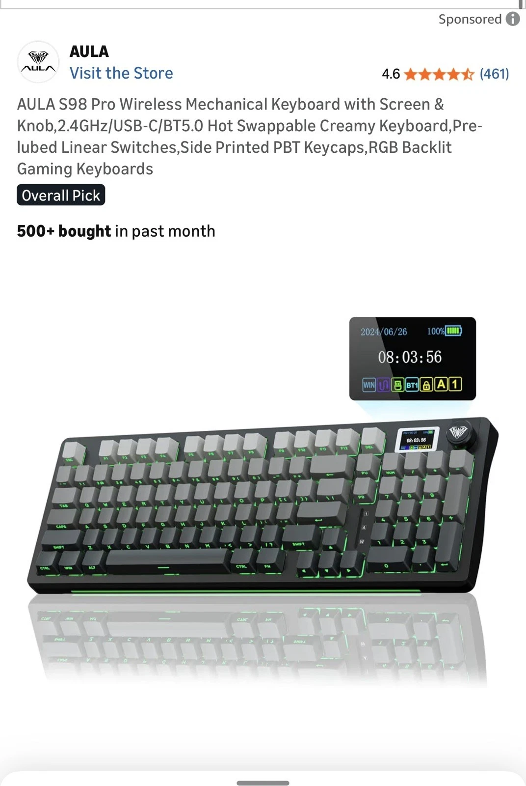 AULA S98 Pro Wireless Mechanical Keyboard w/ LEOBOG Greywood V3 Switches
