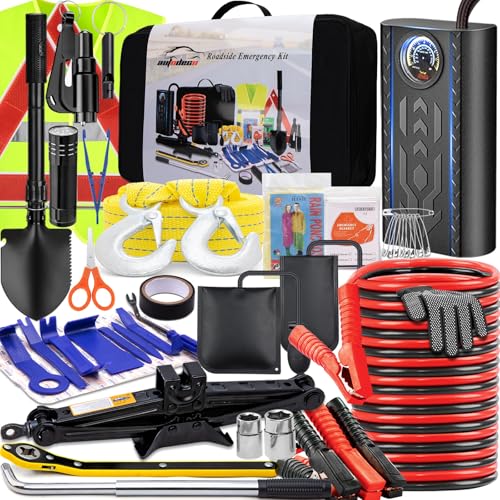 AUTODECO Car Emergency Roadside kit with Scissor Jack Air Compressor Jumper Cables Car Safety Kit Air Wedge Bag Pump Safety Kit