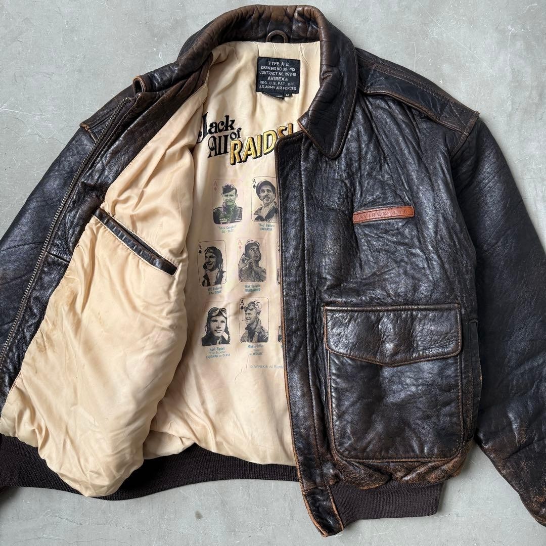 AVIREX Type A 2 Leather Flight Jacket Pin Up Graphic Lining Brown Mens M Bomber