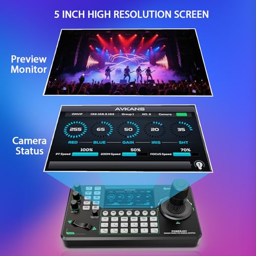 AVKANS PowerJoy PTZ Camera Joystick Controller  IP NDI PTZ Camera Controller Keyboard with 4D Joystick for Worship Church Live Streaming  NDI License Included  PTZ Controller with 5 inch Screen 