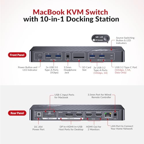 AV Access KVM Switch Docking Station for MacBook  USB C KVM Switch 2 Monitors 2 Computers  4K Dual HDMI Displays  1 Laptop&1 Desktop Switching  Plug&Play  Ethernet  100W Power Delivery  EDID Emulation