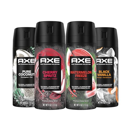 AXE Fine Fragrance Body Spray Variety Pack 4 Pack Touch of Sweetness   Cherry Spritz  Pure Coconut  Black Vanilla  Watermelon Freeze Aluminum Free 4 oz