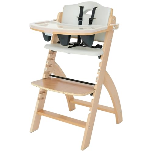 Abiie Beyond Junior Wooden High Chair with Tray   Adjustable and Convertible High Chair for Babies and Toddlers   6 Months to 250 Lb   Water Resistant   Natural Wood/Dove Grey Cushion