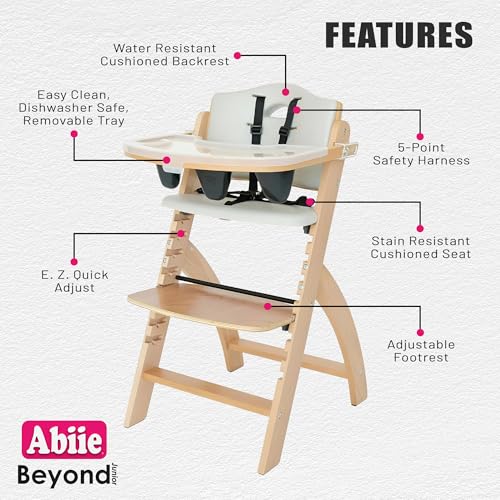 Abiie Beyond Junior Wooden High Chair with Tray   Adjustable and Convertible High Chair for Babies and Toddlers   6 Months to 250 Lb   Water Resistant   Natural Wood/Dove Grey Cushion