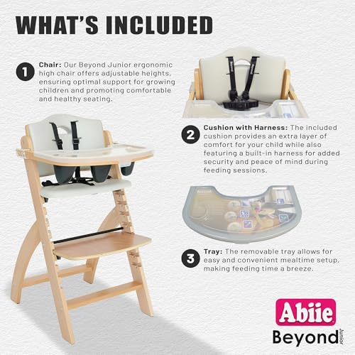 Abiie Beyond Junior Wooden High Chair with Tray   Adjustable and Convertible High Chair for Babies and Toddlers   6 Months to 250 Lb   Water Resistant   Natural Wood/Dove Grey Cushion