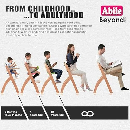 Abiie Beyond Junior Wooden High Chair with Tray   Adjustable and Convertible High Chair for Babies and Toddlers   6 Months to 250 Lb   Water Resistant   Natural Wood/Dove Grey Cushion