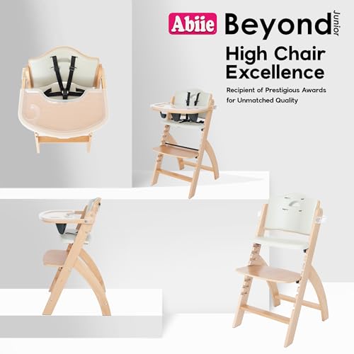 Abiie Beyond Junior Wooden High Chair with Tray   Adjustable and Convertible High Chair for Babies and Toddlers   6 Months to 250 Lb   Water Resistant   Natural Wood/Dove Grey Cushion