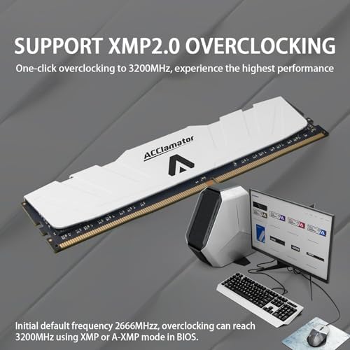 Acclamator DDR4 RAM 32GB  2x16GB  3200MHz PC4 25600 XMP CL18 1 35V 288 pin Desktop PC Memory Module with Heatsink White Suitable for Gaming and Office Work