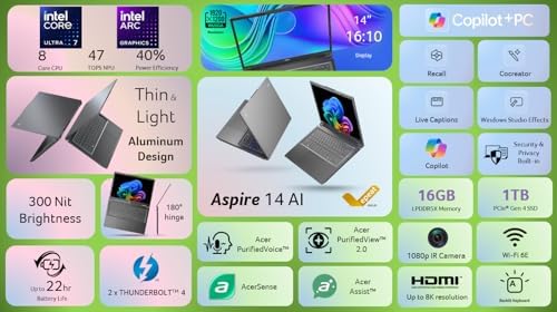 Acer Aspire 14 AI Copilot  PC   14 WUXGA Display   Intel Core Ultra 7 Processor 256V   NPU  Up to 47 Tops   GPU  Up to 64 Tops   Intel ARC 140V   16GB LPDDR5X   1TB SSD   Wi Fi 6E   A14 52M 72S0