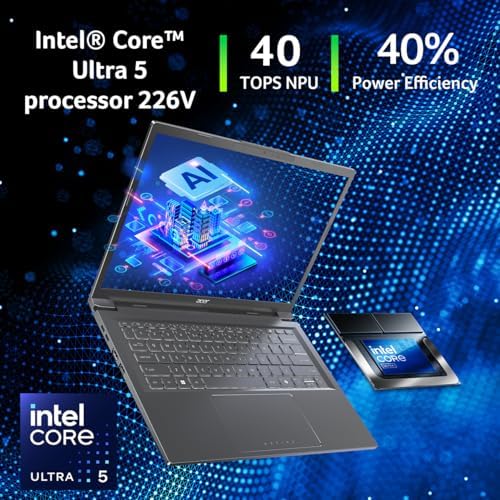 Acer Aspire 14 AI Copilot  PC   14 WUXGA Display   Intel Core Ultra 5 Processor 226V   NPU  Up to 40 Tops   GPU  Up to 53 Tops   Intel ARC 130V   16GB LPDDR5X   512GB SSD   Wi Fi 6E   A14 52M 51S1