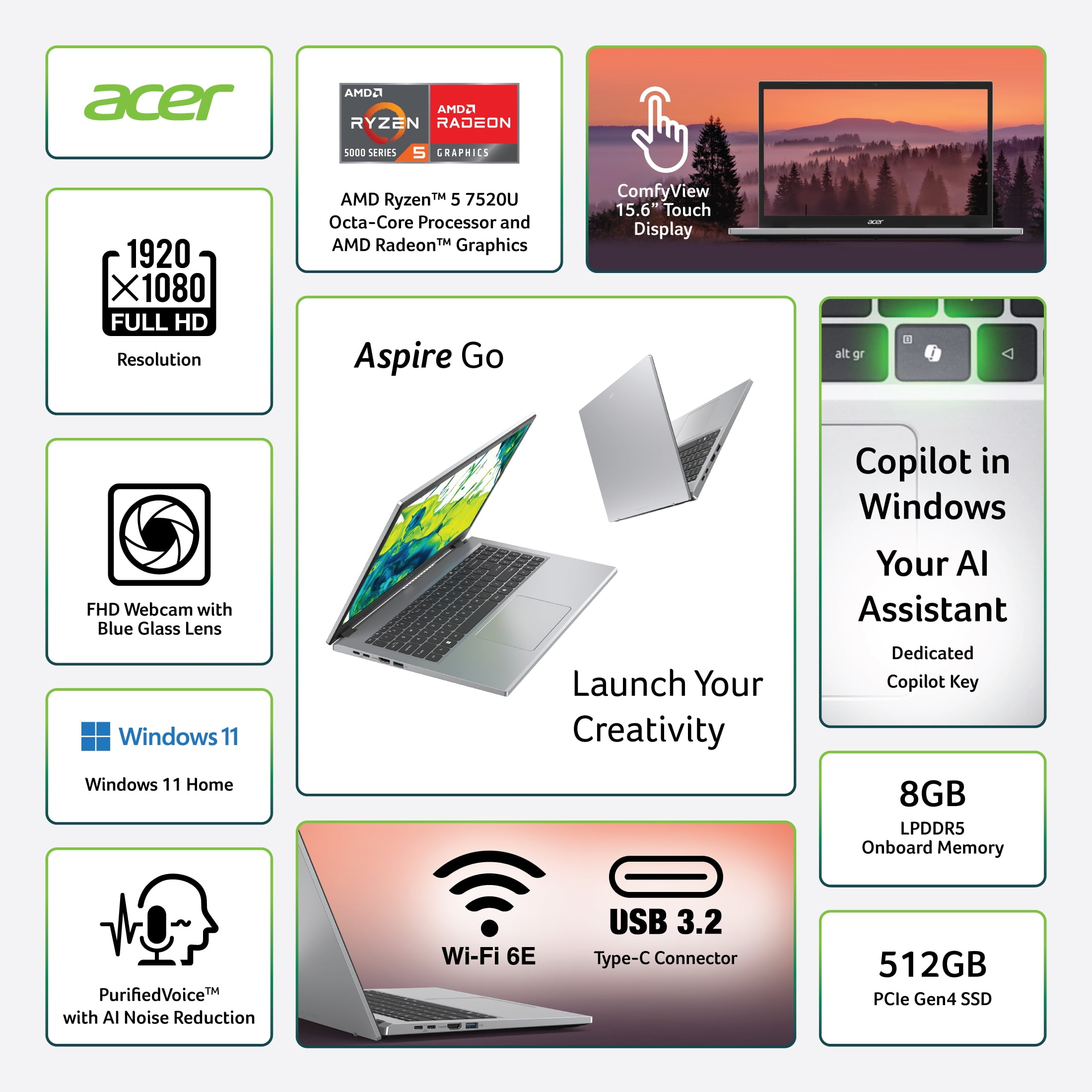 Acer Aspira a Ir 15 6" Portátil FHD IPS con Pantalla Táctil  AMD Ryzen 5 7520U  8GB RAM  512GB SSD  Plata Pura  Nuevo